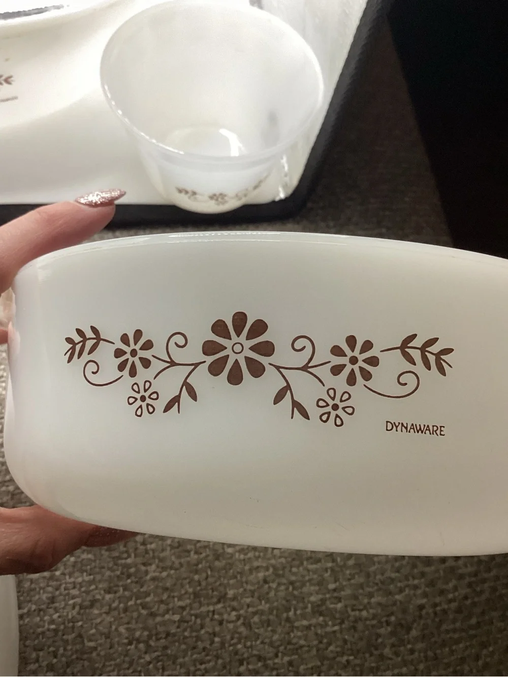 Dynaware Pyr-O-Rey (Termocrisa) brown floral pattern on Milkglass vintage